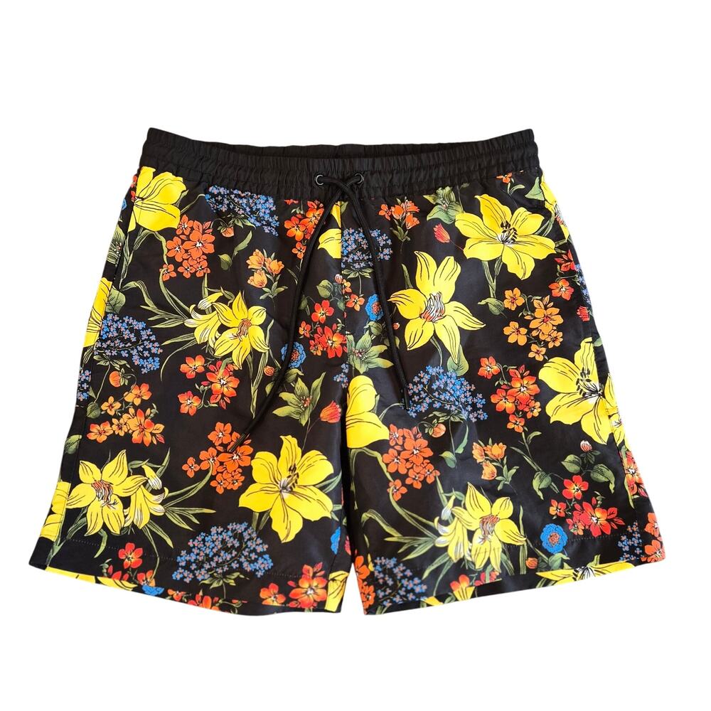 Forever 21 Men Floral Swim Trunks Shorts Black Yellow Tropical Medium